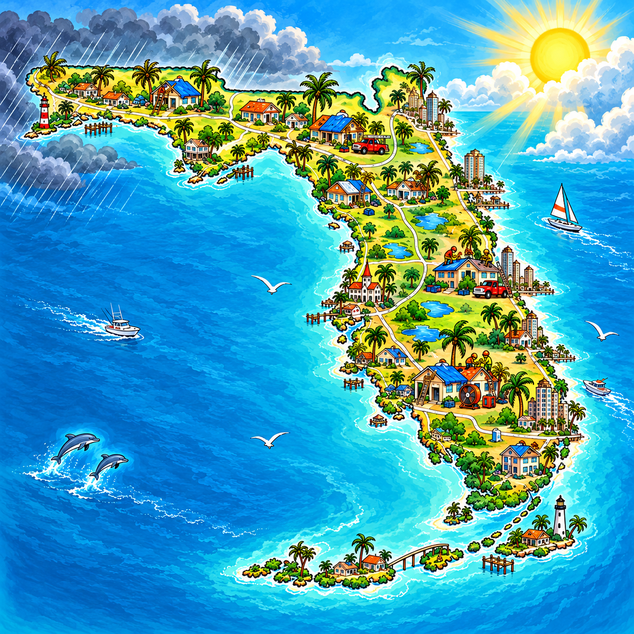 Square cartoon illustrated map of the full state of Florida with storm clouds, homes, and tarps