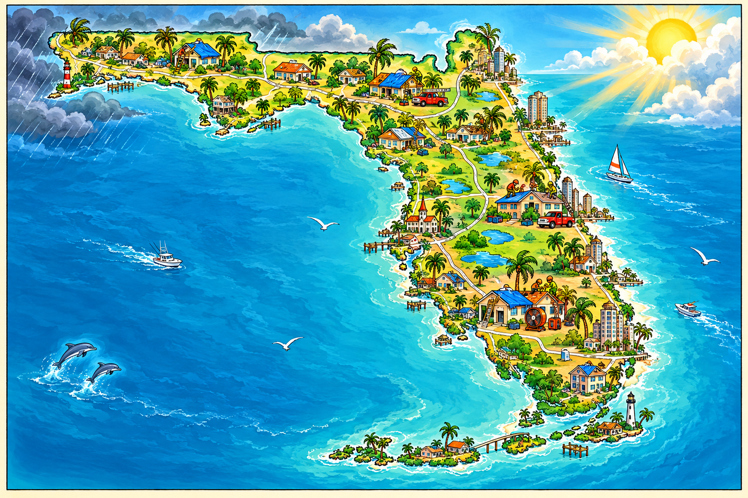 Cartoon illustrated map of the full state of Florida with storm clouds, homes, and tarps