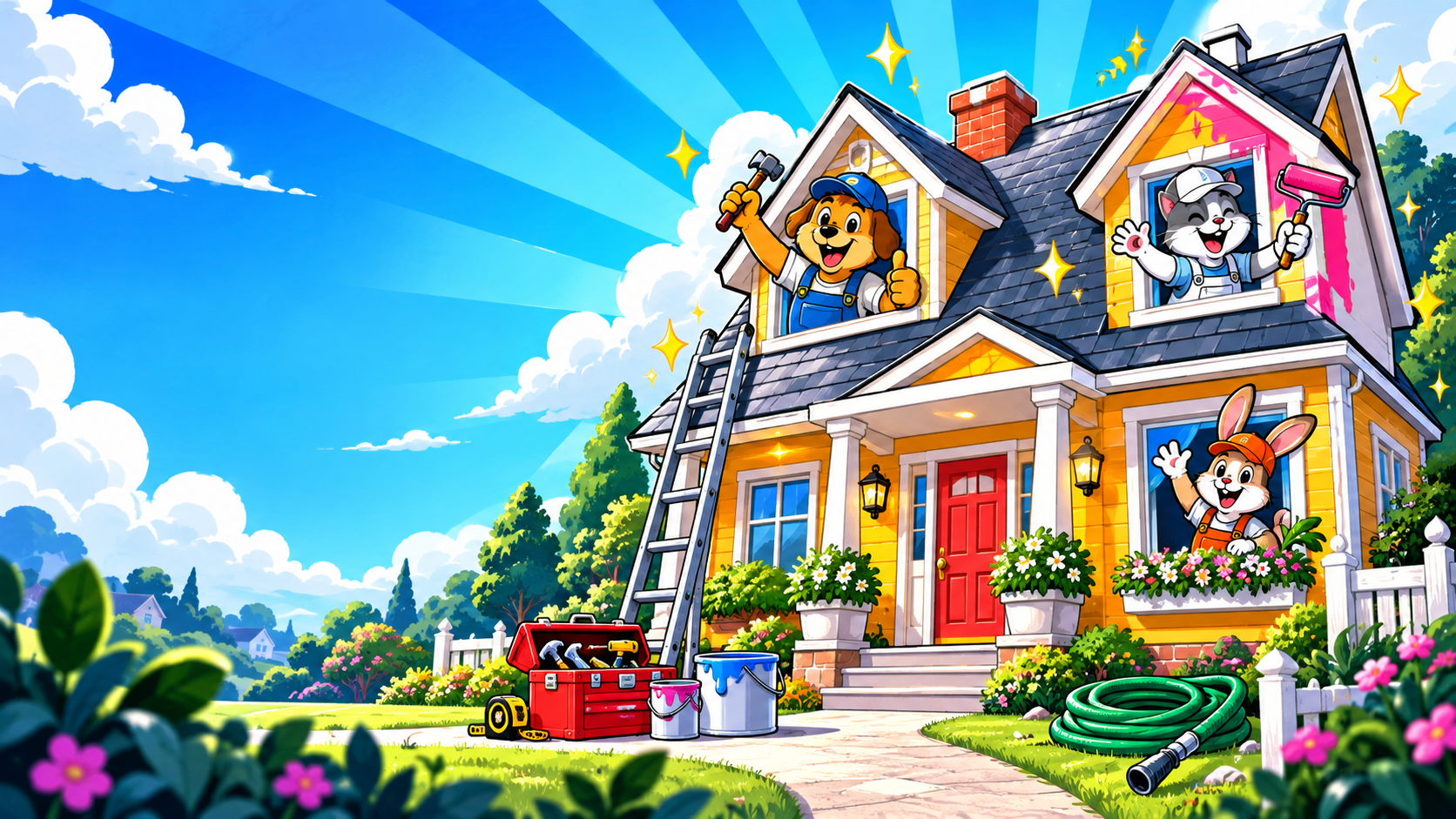 A colorful cartoon home with friendly home-improvement helpers