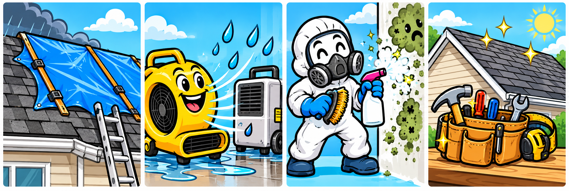 Cartoon panels showing a roof tarp, drying fans, mold remediation, and repair tools